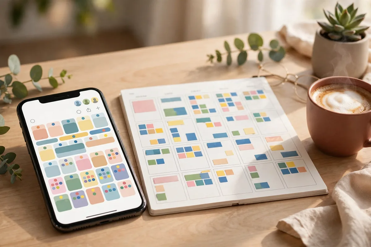 Smartphone showing a shared family calendar app beside a paper planner