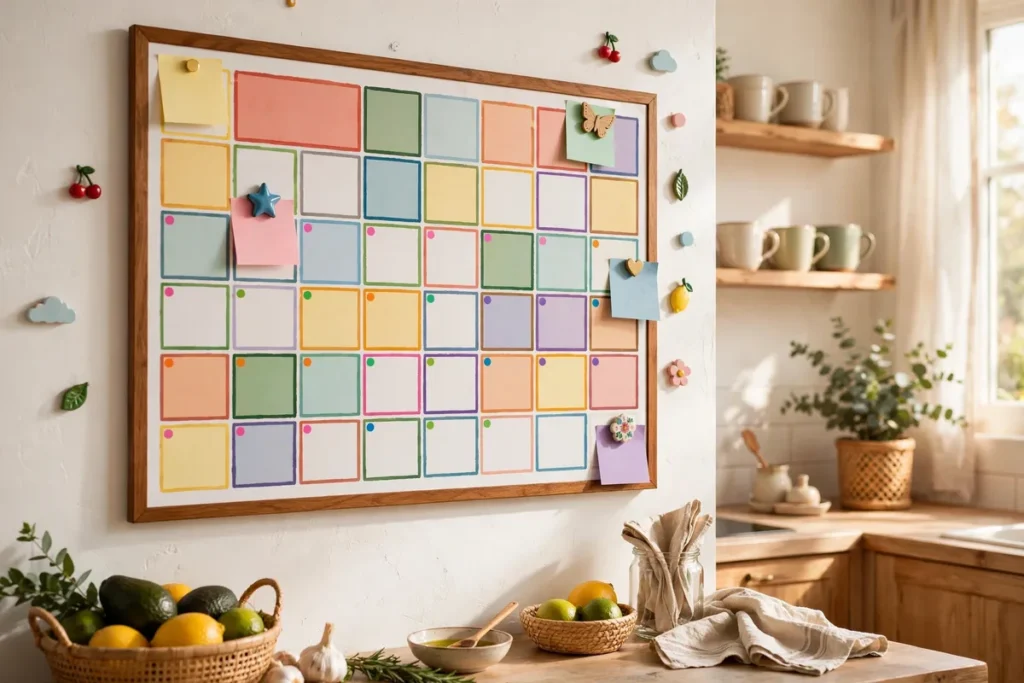 Shared family calendar on a kitchen wall with colorful entries and sticky notes