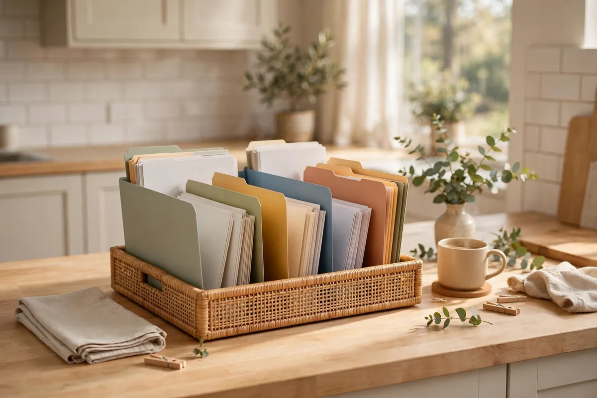 Tidy paper inbox tray with color-coded folders for school forms