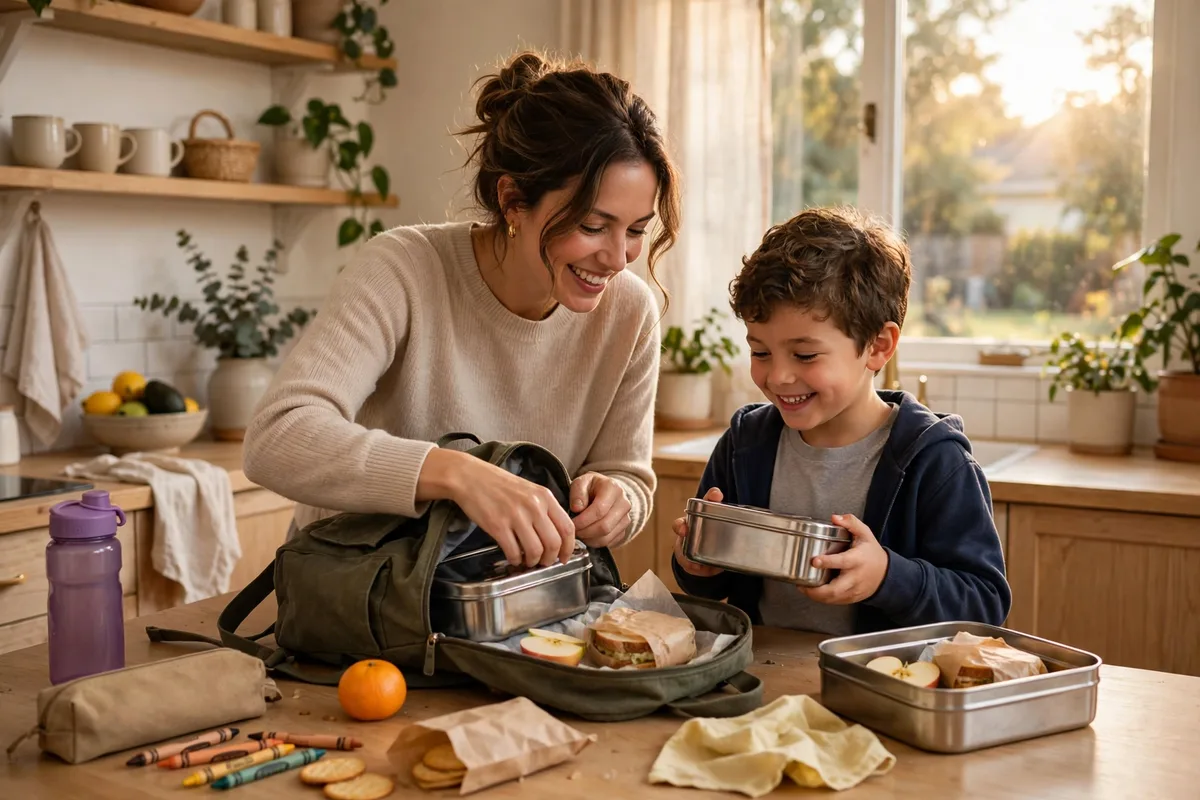 Mother and child emptying a school backpack together during an after-school routine