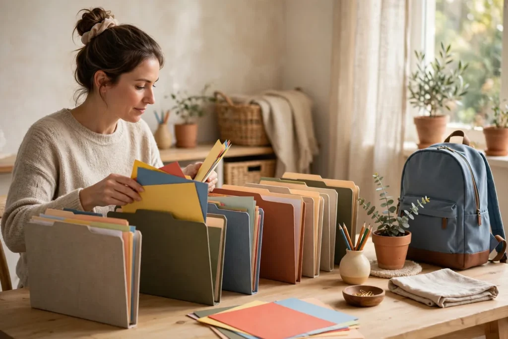 Parent sorting school papers into labeled folders at a home desk