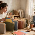 Parent sorting school papers into labeled folders at a home desk