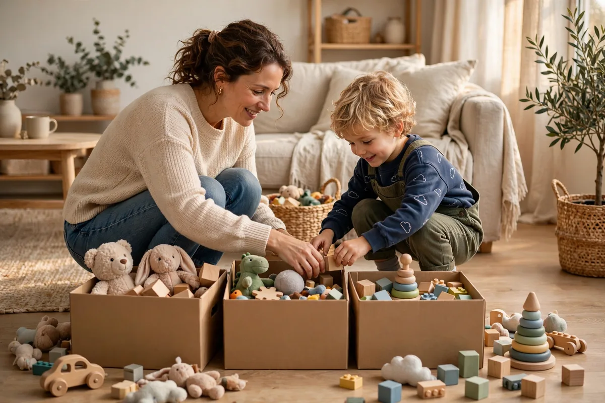 Parent and child sorting toys into keep, donate, and rotate boxes