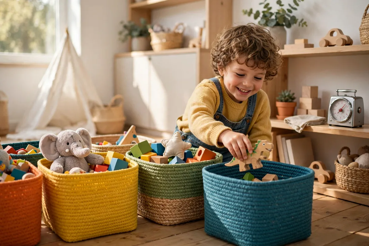Child happily tidying toys into picture-labeled bins during cleanup time