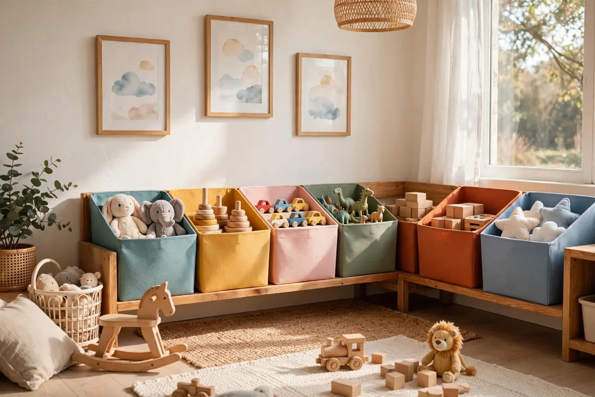 Colorful labeled storage bins of sorted toys in a bright playroom