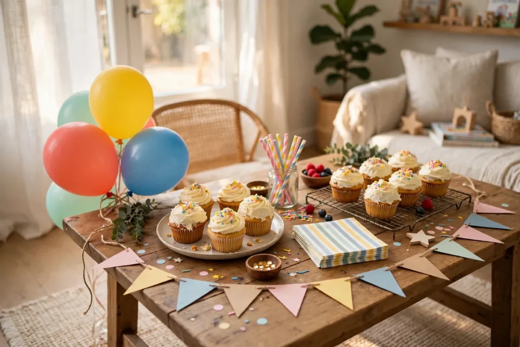 Colorful budget birthday party setup with balloons and homemade cupcakes