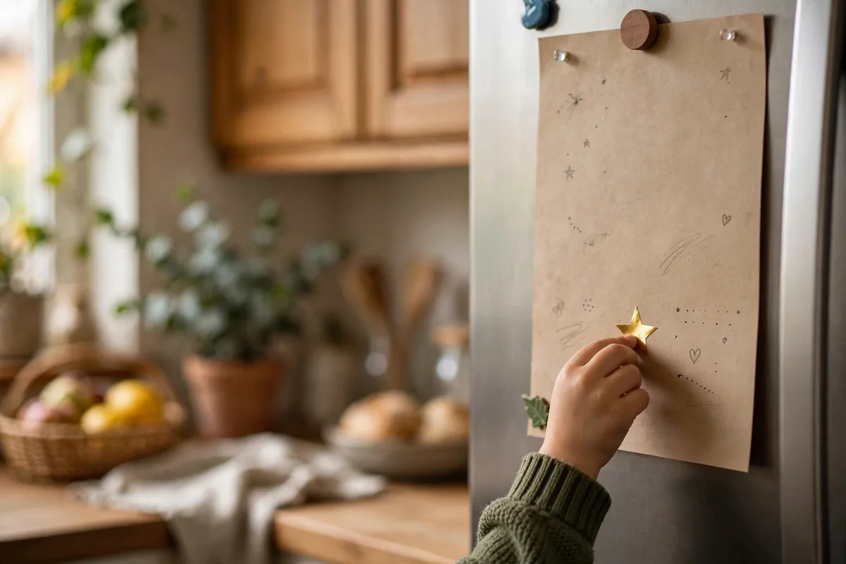 Parents and children signing a written family agreement posted on a refrigerator