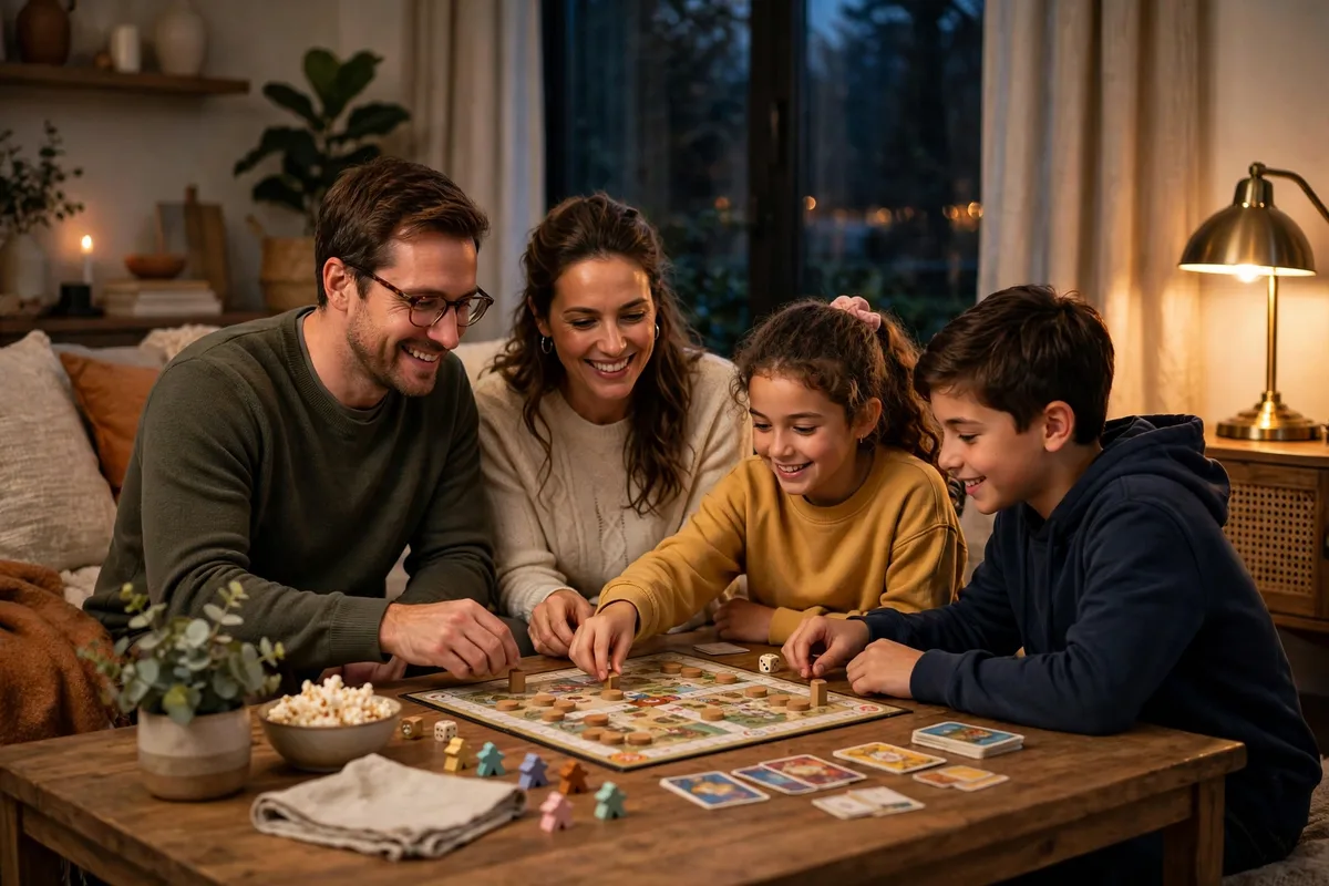 Child playing a board game with family during screen-free evening time