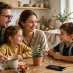 Family sitting together at a kitchen table discussing household screen-time rules
