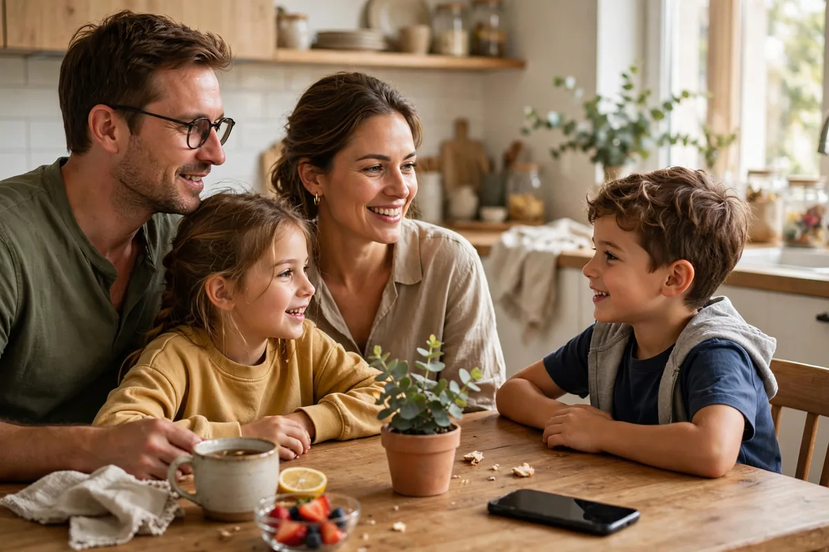 Family sitting together at a kitchen table discussing household screen-time rules