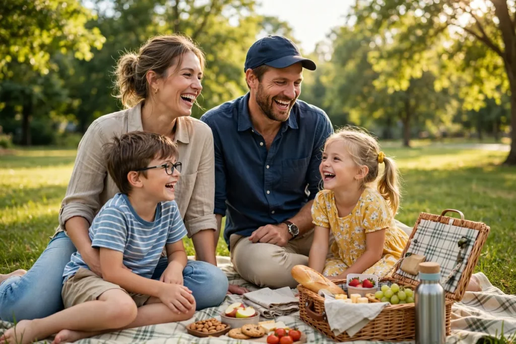 Family having a picnic together on a blanket in a green park on a sunny day