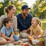 Family having a picnic together on a blanket in a green park on a sunny day