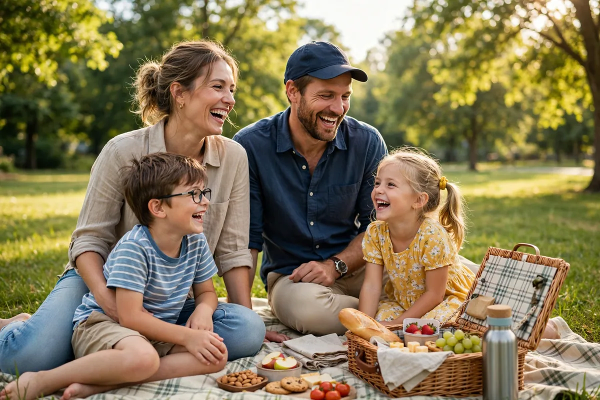 Family having a picnic together on a blanket in a green park on a sunny day
