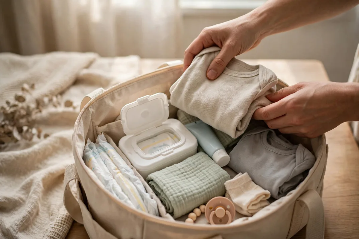 Parent packing a diaper bag at home with changing supplies and baby clothes