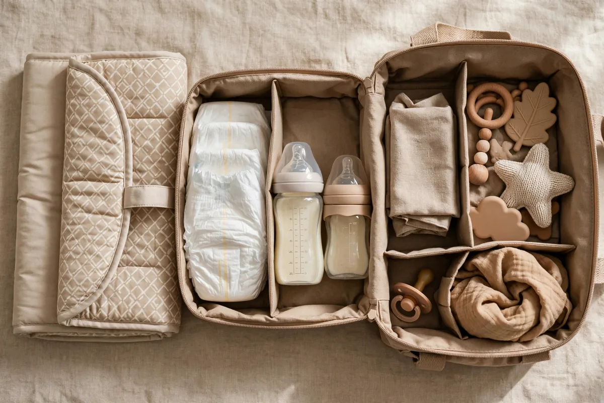 Organized diaper bag compartments showing changing pad, feeding supplies, and toys