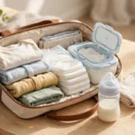 Open baby bag packed with diapers, wipes, bottle, and folded baby clothes on a table