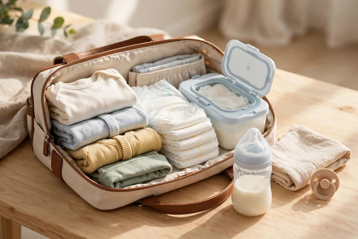Open baby bag packed with diapers, wipes, bottle, and folded baby clothes on a table