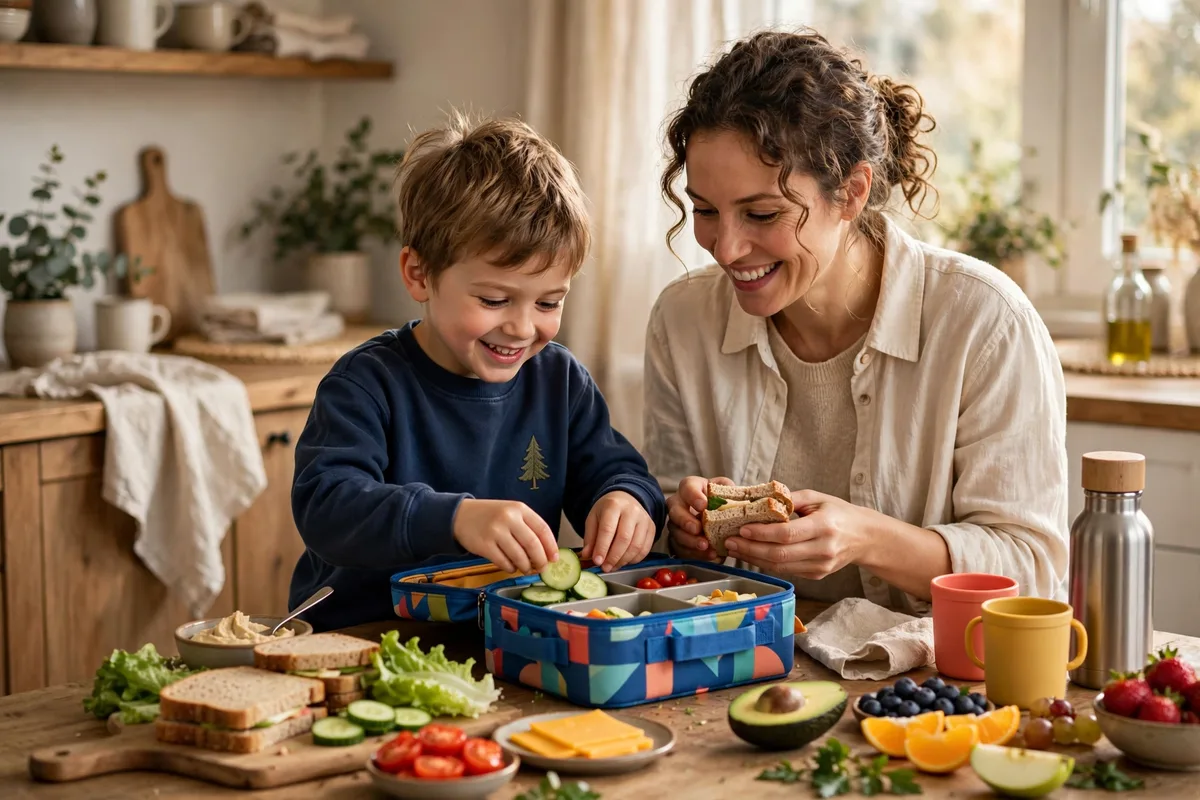 Parent and child packing a school lunchbox together