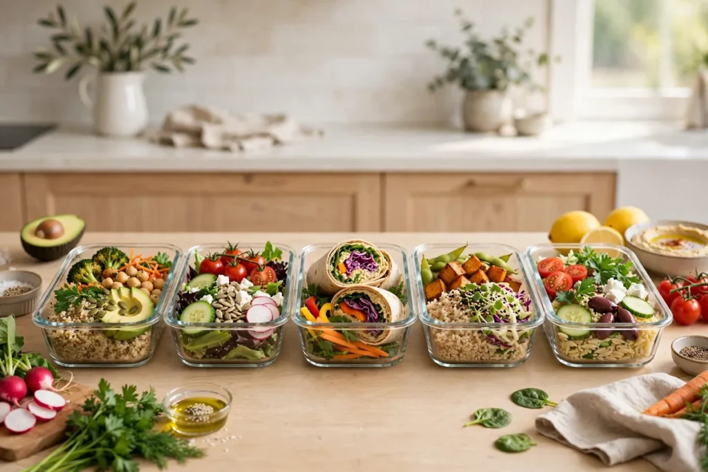 Meal prep containers with healthy lunches lined up on a kitchen counter