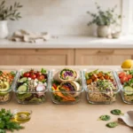 Meal prep containers with healthy lunches lined up on a kitchen counter