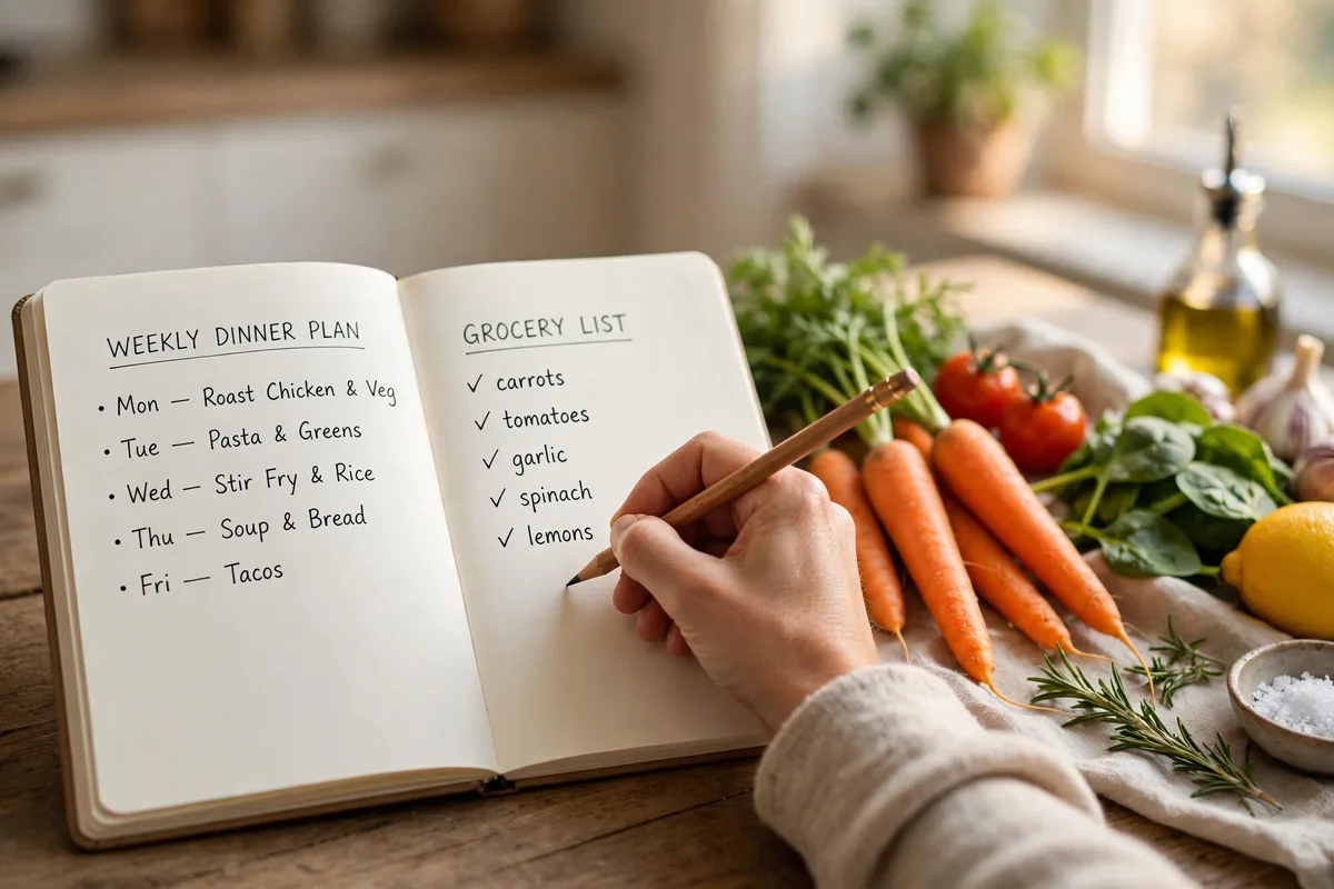 Parent writing a weekly dinner plan and grocery list on paper