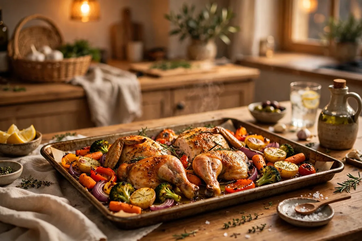 Sheet-pan family dinner with roasted chicken and vegetables fresh from the oven
