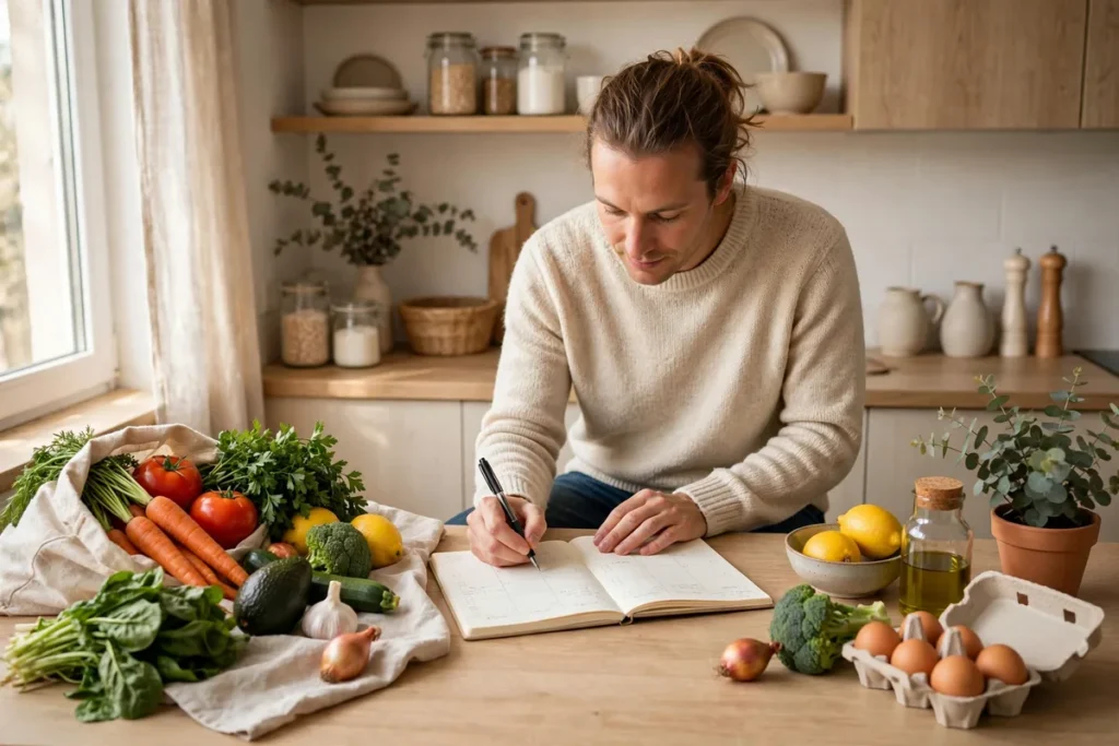 Family meal planning session with weekly calendar and fresh groceries on kitchen counter