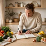 Family meal planning session with weekly calendar and fresh groceries on kitchen counter