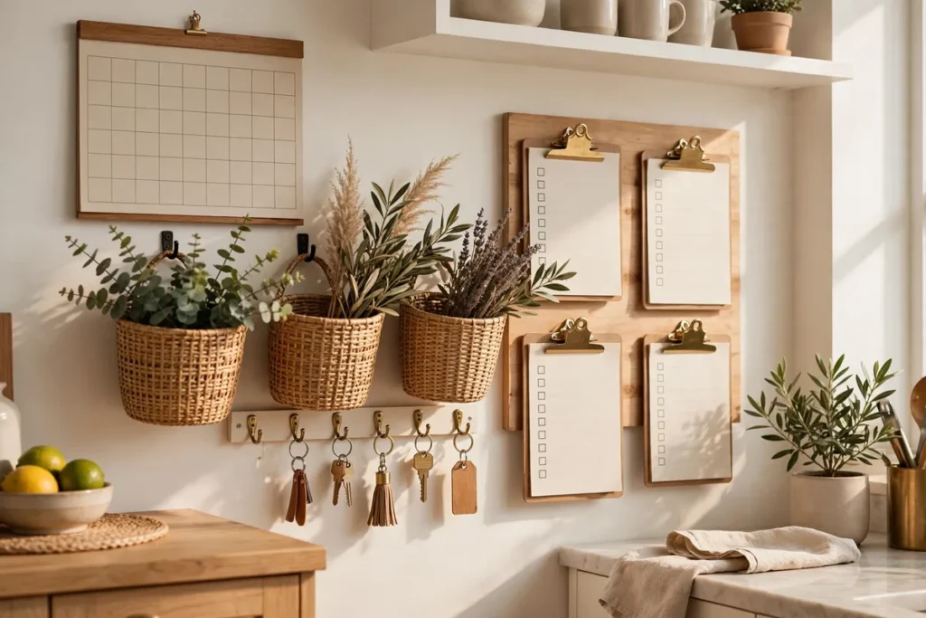 Family command board wall with calendar, baskets, and key hooks in a bright kitchen