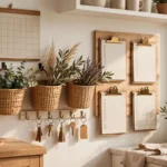 Family command board wall with calendar, baskets, and key hooks in a bright kitchen