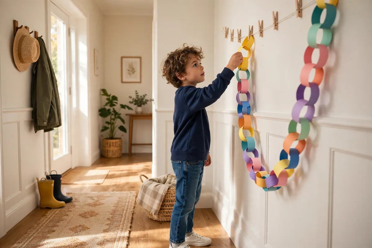 Child adding a paper chain link to a colorful reading progress tracker on a wall