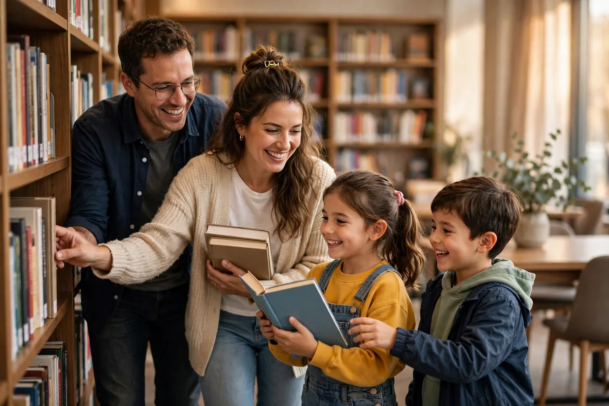 Family browsing books together at a library during a reading challenge kickoff