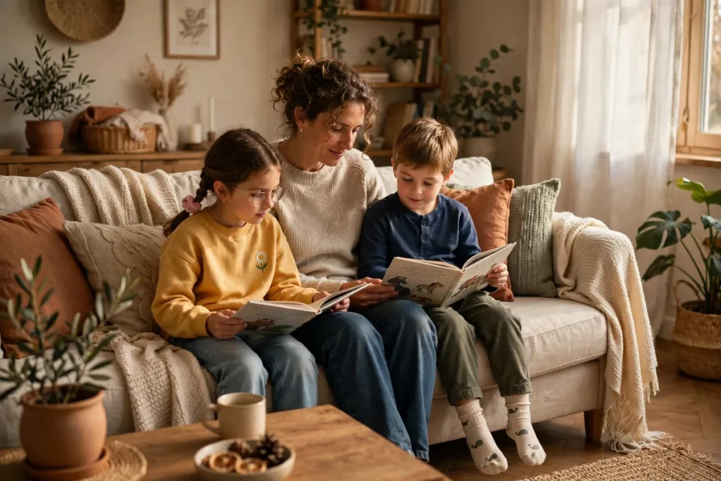 Parent and two children reading books together on a couch in a cozy living room