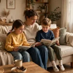 Parent and two children reading books together on a couch in a cozy living room