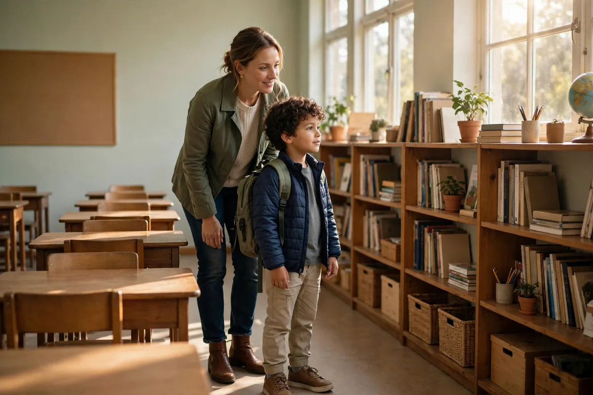 Parent and child visiting a new classroom together before school starts