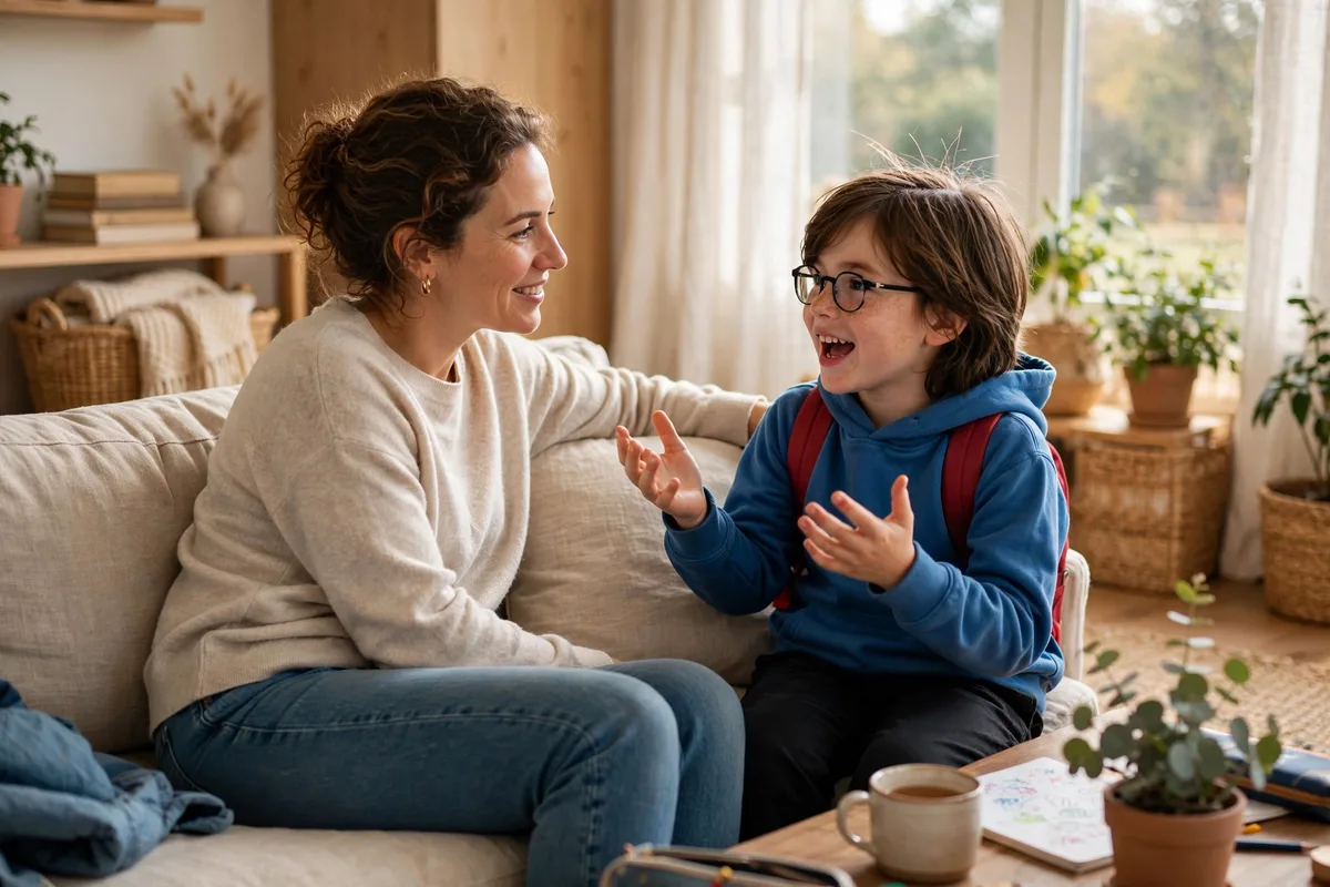 Parent listening warmly as a child talks about their school day at home