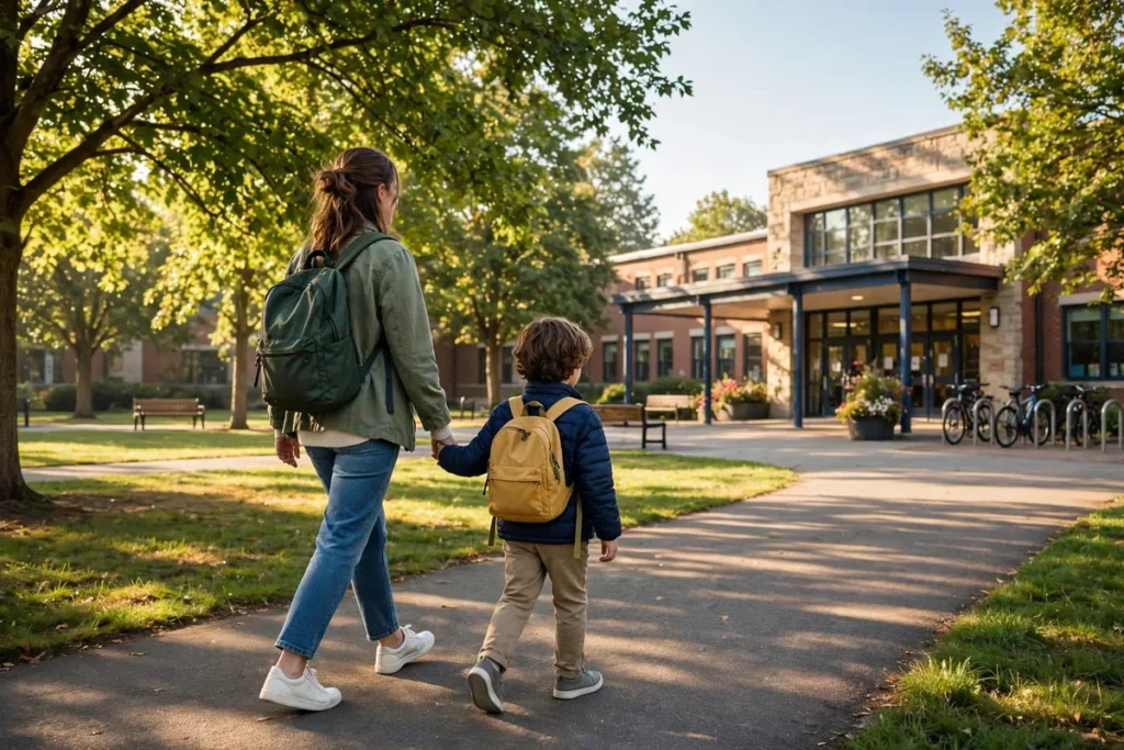 Parent walking a child toward a school building on the first morning