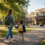 Parent walking a child toward a school building on the first morning