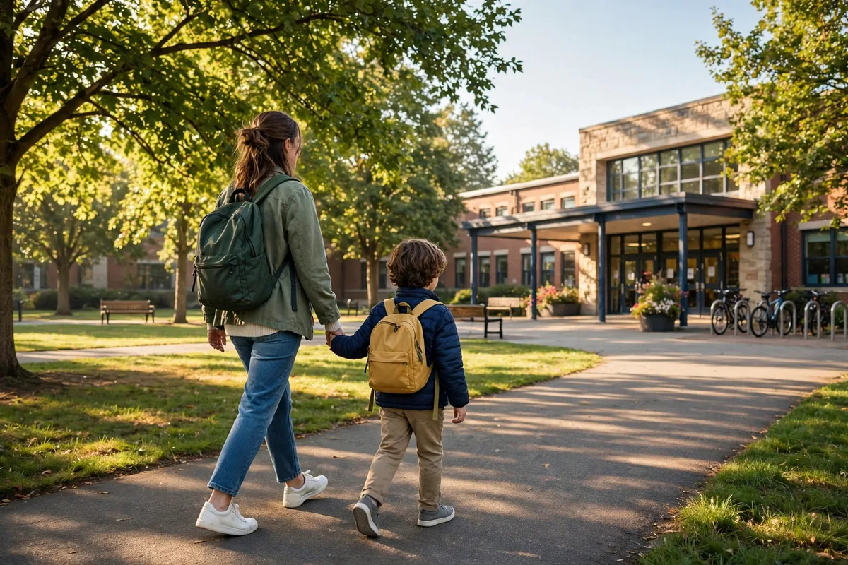 Parent walking a child toward a school building on the first morning