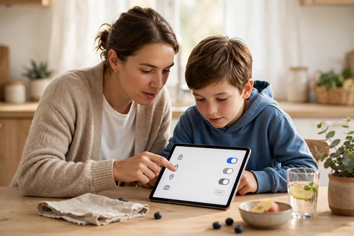 Parent guiding a young child through tablet settings at a kitchen table