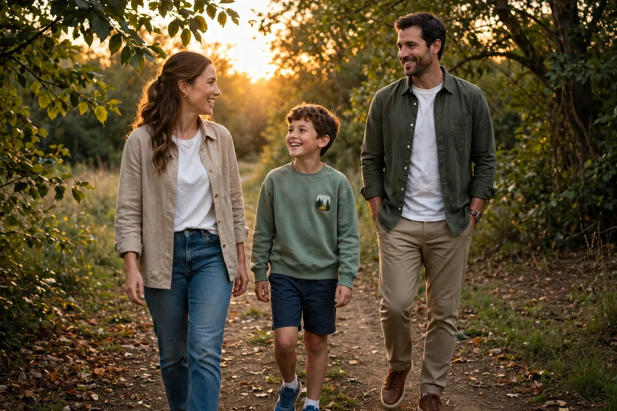Family having a relaxed conversation during an evening walk together
