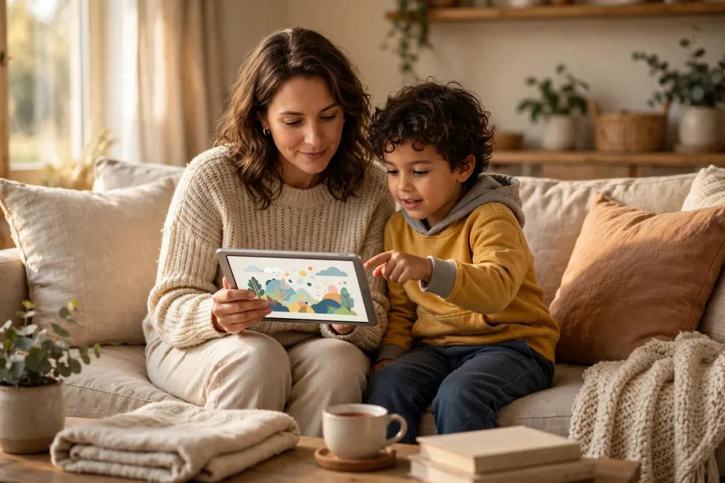 Parent and child looking at a tablet together on a couch in warm living room light
