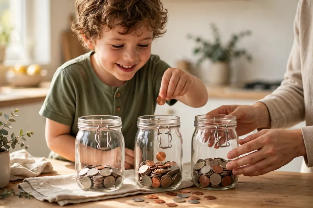 Child dropping coins into three labeled savings jars on a kitchen table