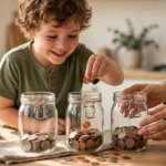 Child dropping coins into three labeled savings jars on a kitchen table