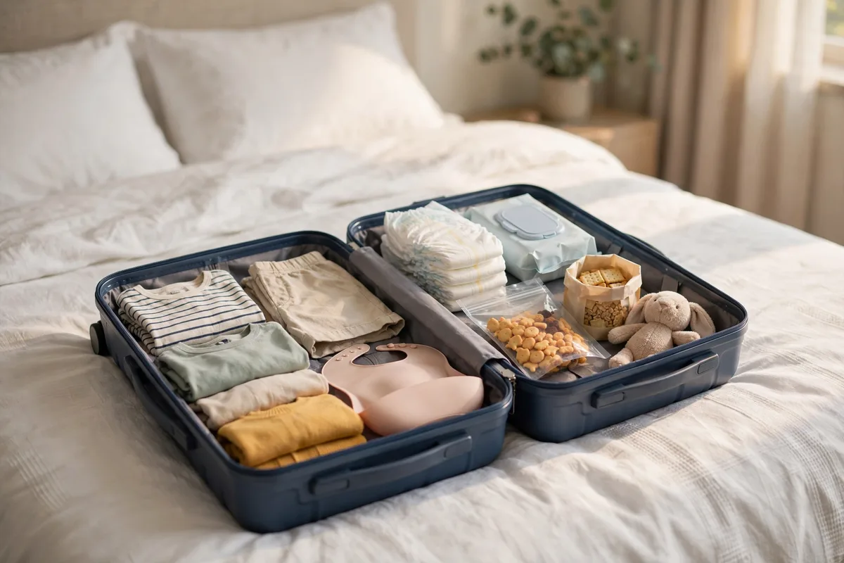 Open carry-on bag packed with kids travel essentials on a bed
