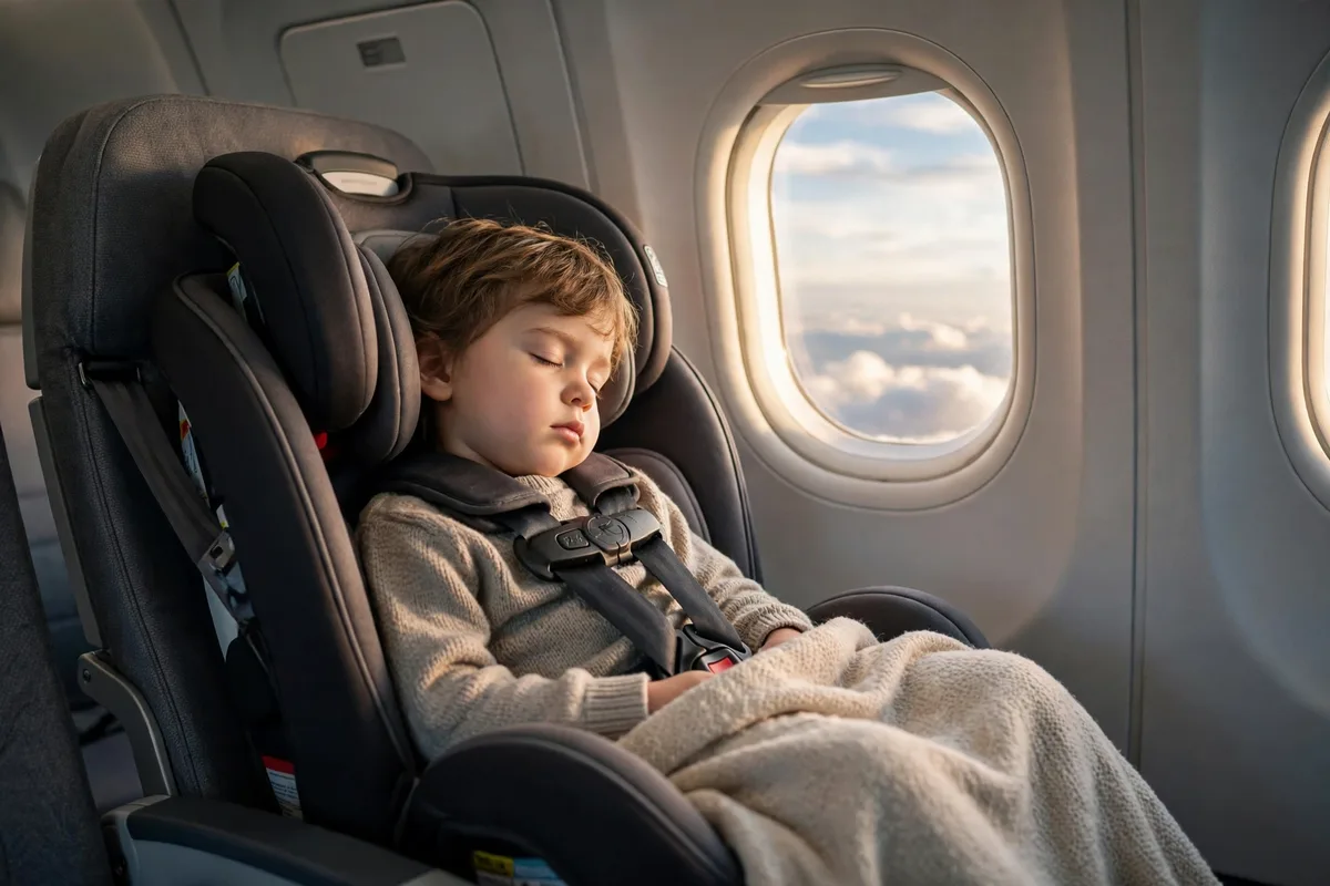 Child sleeping safely in an aircraft-approved car seat on an airplane