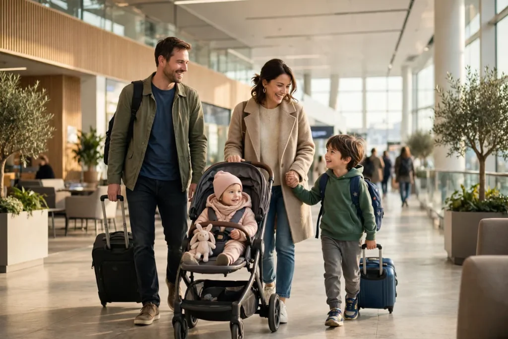 Family with young children and stroller walking through an airport terminal