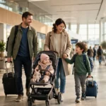 Family with young children and stroller walking through an airport terminal